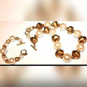 VTG Anne Klein Pearl Necklace&Braclet Gold Couture Designer Chunky Lion Tag